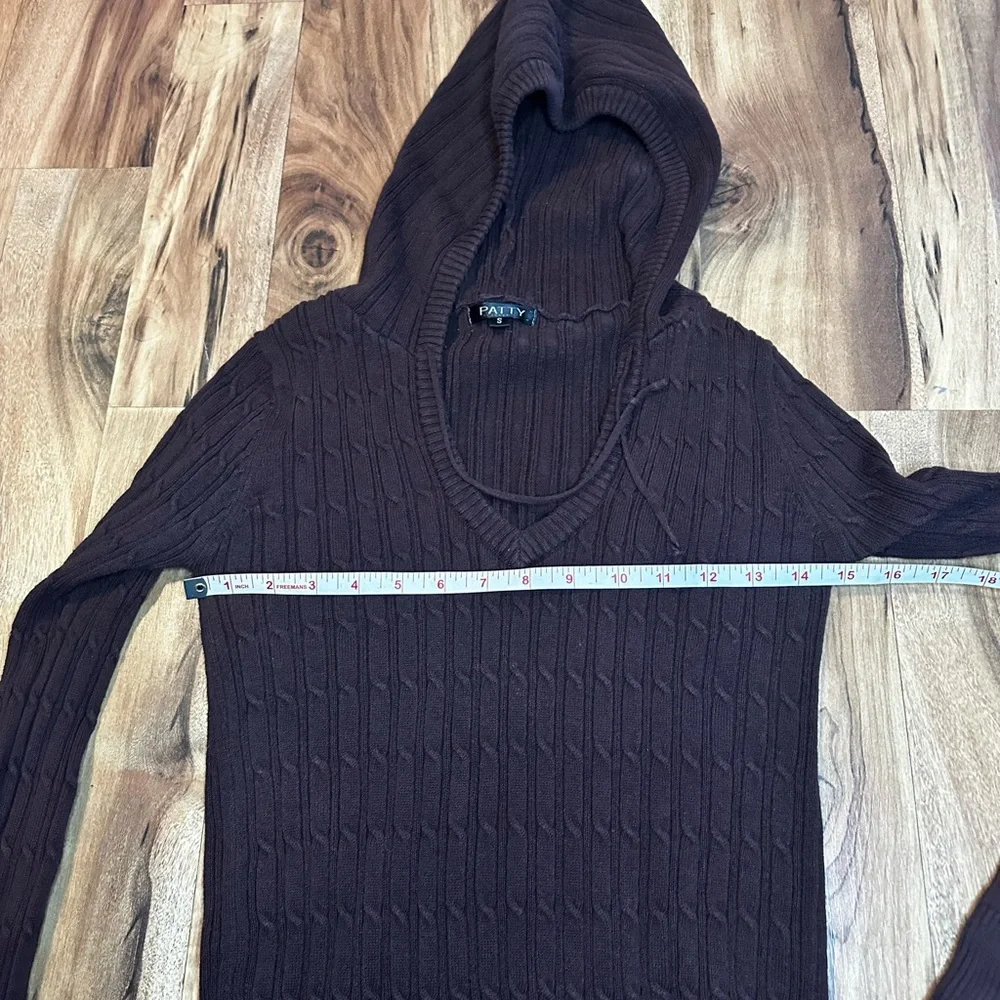 Pattyboutik Y2K Brown Ribbed Knit Hoodie Sweater Womens Small Fitted Cotton - Picture 5 of 7